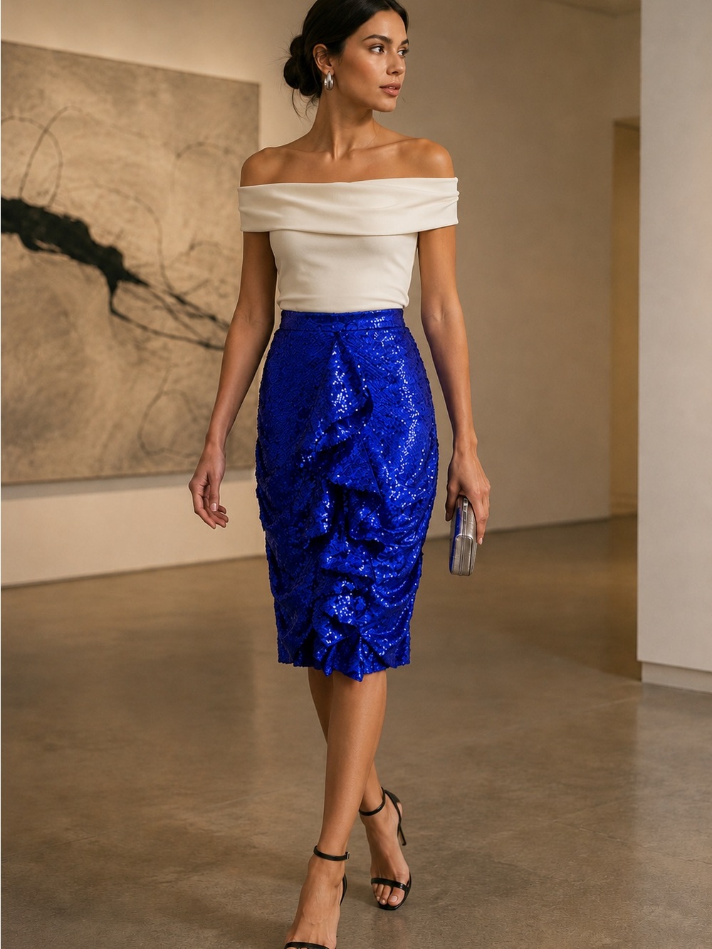 NWT House of CB Royal Blue Sequin Midi Skirt with Front Waves Detail Size M
